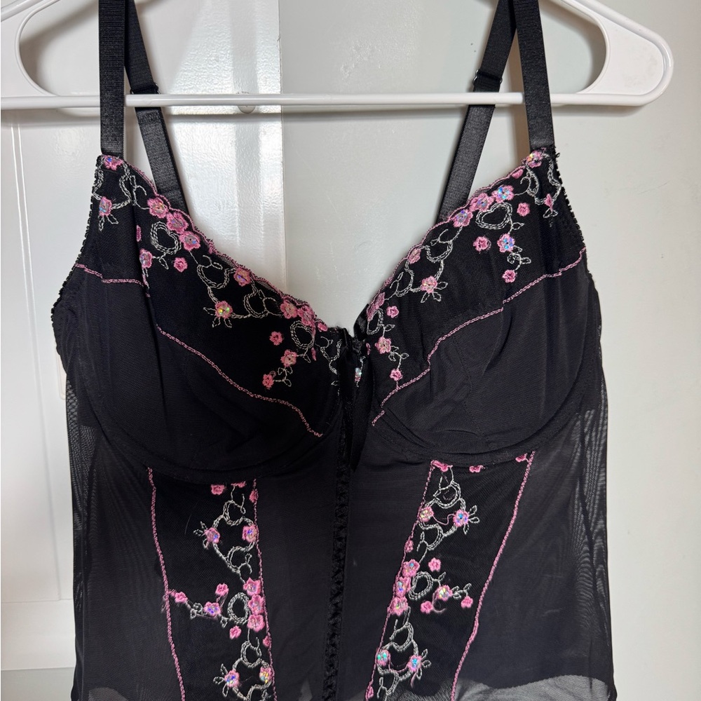 Black Camisole with Pink Floral Embroidery